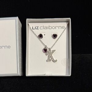 Liz Claiborne Silver Necklace with Purple Heart Earrings